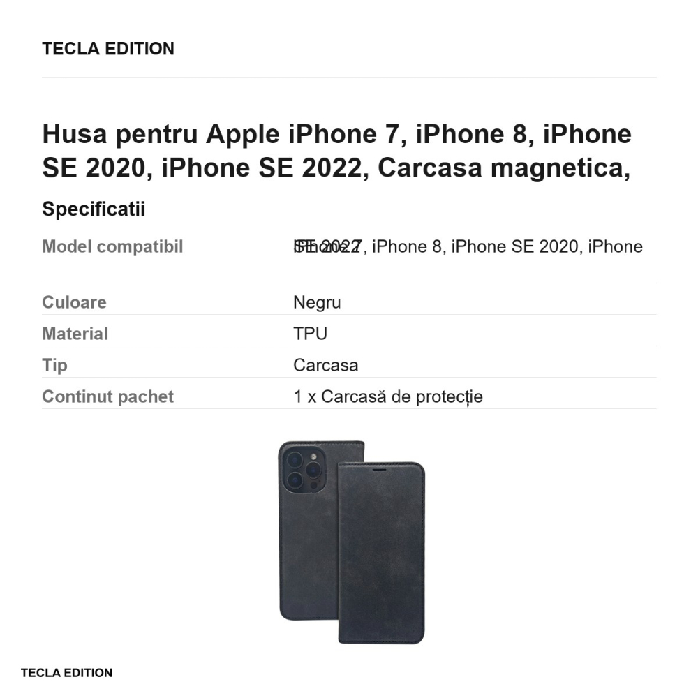 Husa Smart Suede pentru Apple iPhone 7, iPhone 8, iPhone SE 2020, iPhone SE 2022, tip carte cu inchidere magnetica, Negru [3]