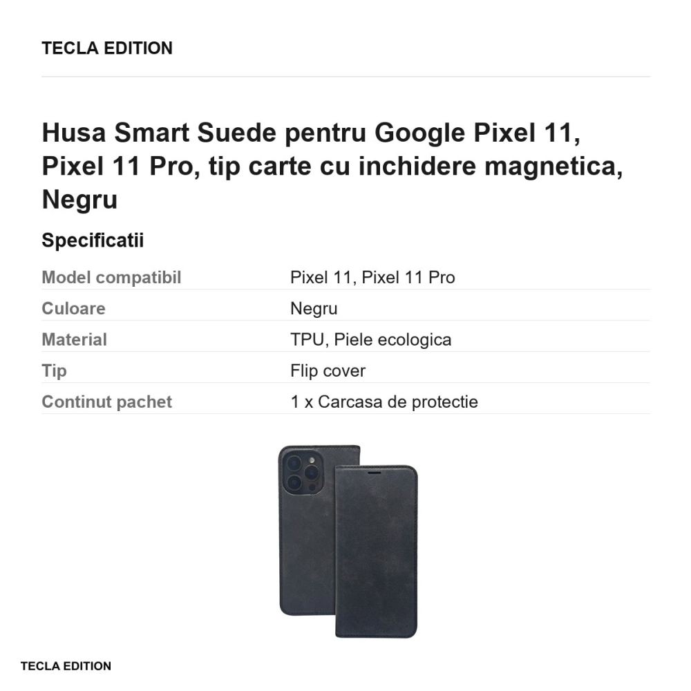 Husa Smart Suede pentru Google Pixel 11, Pixel 11 Pro, tip carte cu inchidere magnetica, Negru [3]