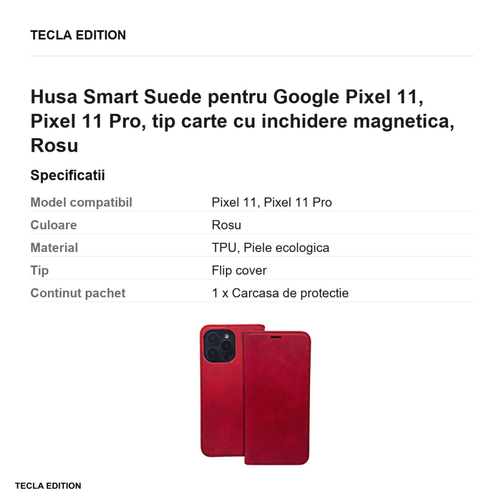 Husa Smart Suede pentru Google Pixel 11, Pixel 11 Pro, tip carte cu inchidere magnetica, Rosu [3]