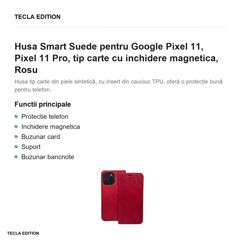 Husa Smart Suede pentru Google Pixel 11, Pixel 11 Pro, tip carte cu inchidere magnetica, Rosu [2]