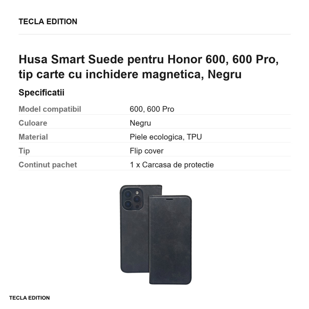 Husa Smart Suede pentru Honor 600, 600 Pro, tip carte cu inchidere magnetica, Negru [3]