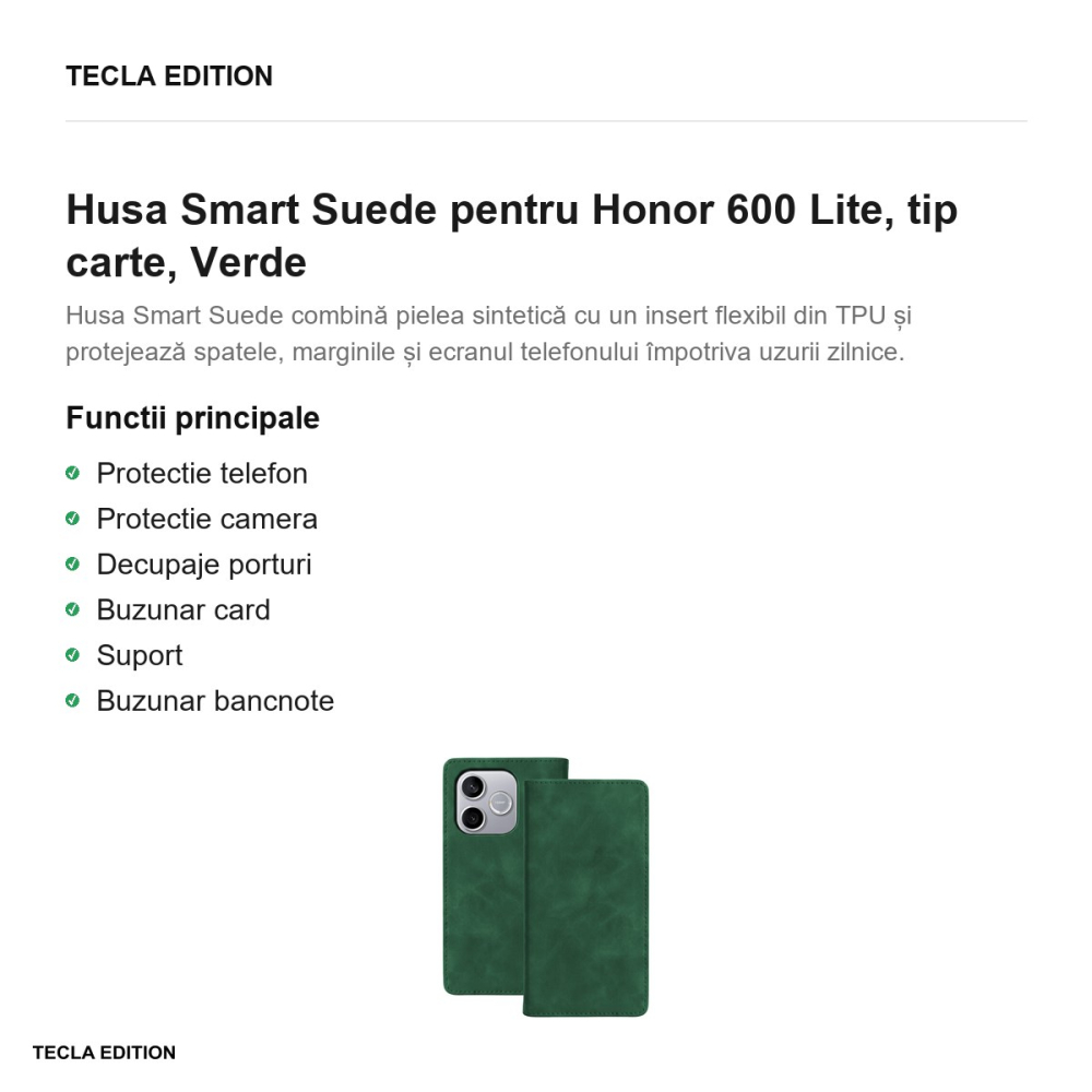 Husa Smart Suede pentru Honor 600 Lite, tip carte, Verde [2]