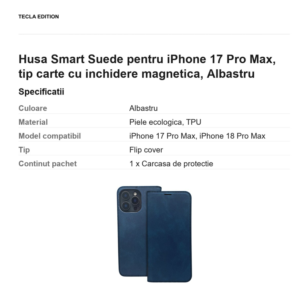 Husa Smart Suede pentru iPhone 17 Pro Max, tip carte cu inchidere magnetica, Albastru [3]