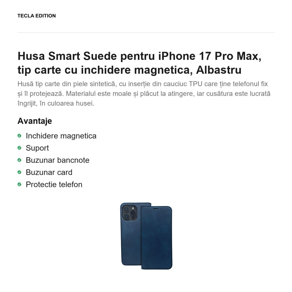 Husa Smart Suede pentru iPhone 17 Pro Max, tip carte cu inchidere magnetica, Albastru [2]