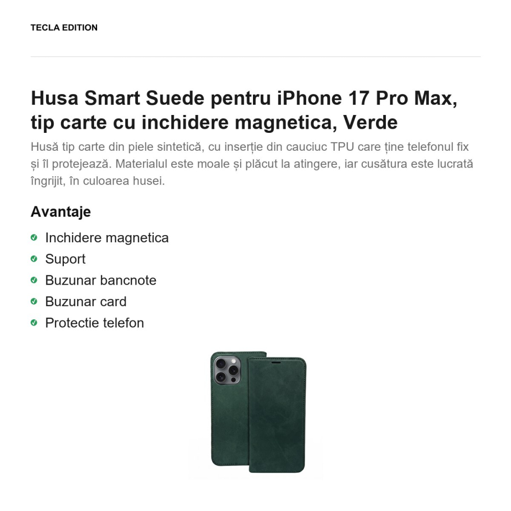 Husa Smart Suede pentru iPhone 17 Pro Max, tip carte cu inchidere magnetica, Verde [2]