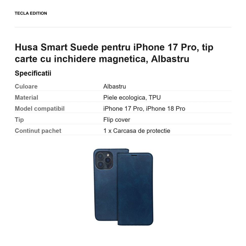 Husa Smart Suede pentru iPhone 17 Pro, tip carte cu inchidere magnetica, Albastru [3]