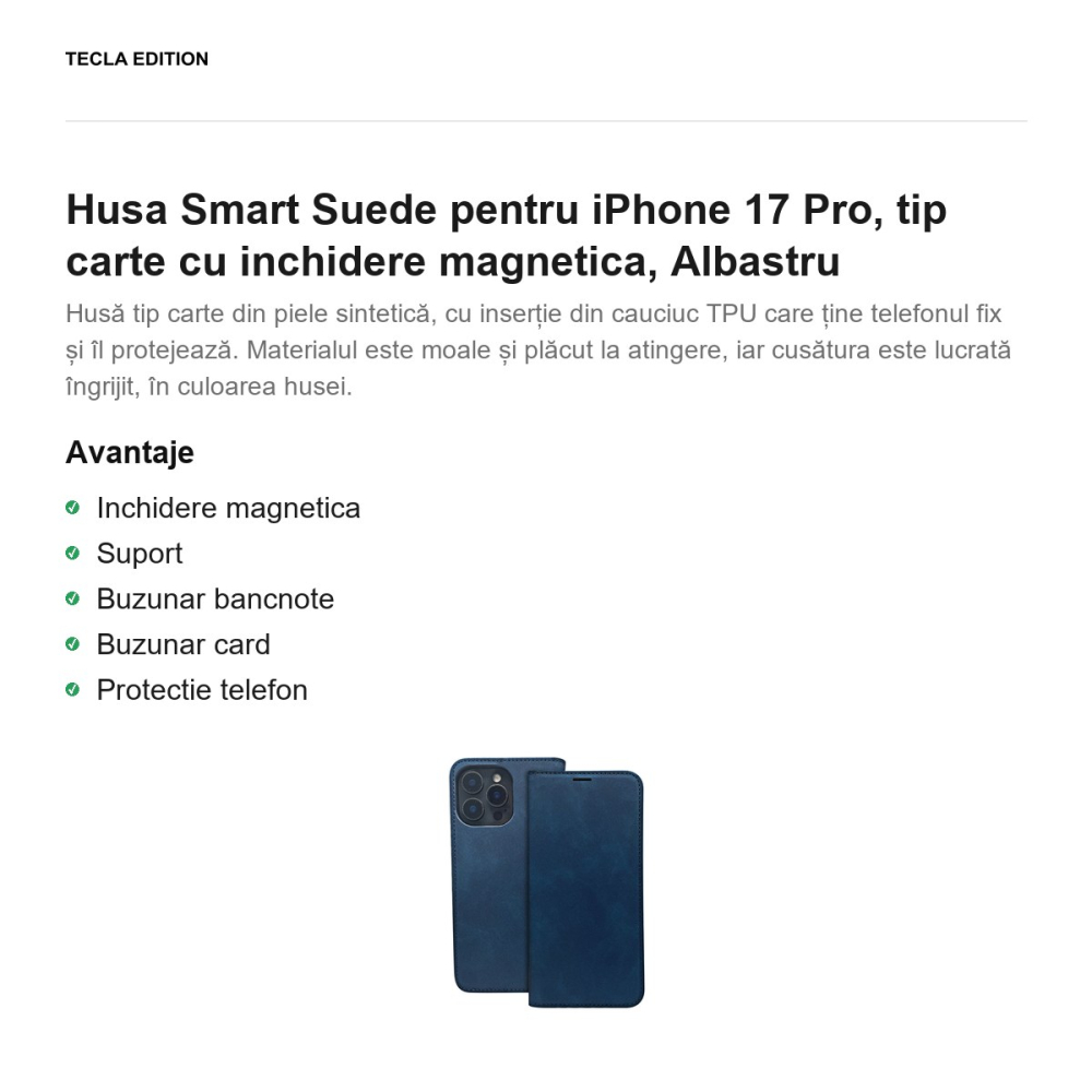 Husa Smart Suede pentru iPhone 17 Pro, tip carte cu inchidere magnetica, Albastru [2]