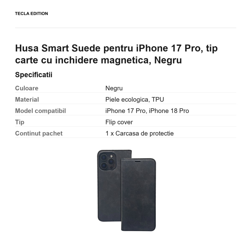 Husa Smart Suede pentru iPhone 17 Pro, tip carte cu inchidere magnetica, Negru [3]