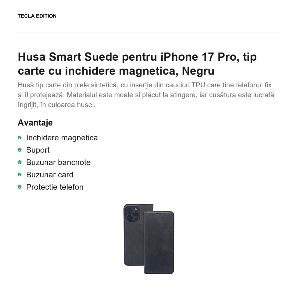 Husa Smart Suede pentru iPhone 17 Pro, tip carte cu inchidere magnetica, Negru [2]