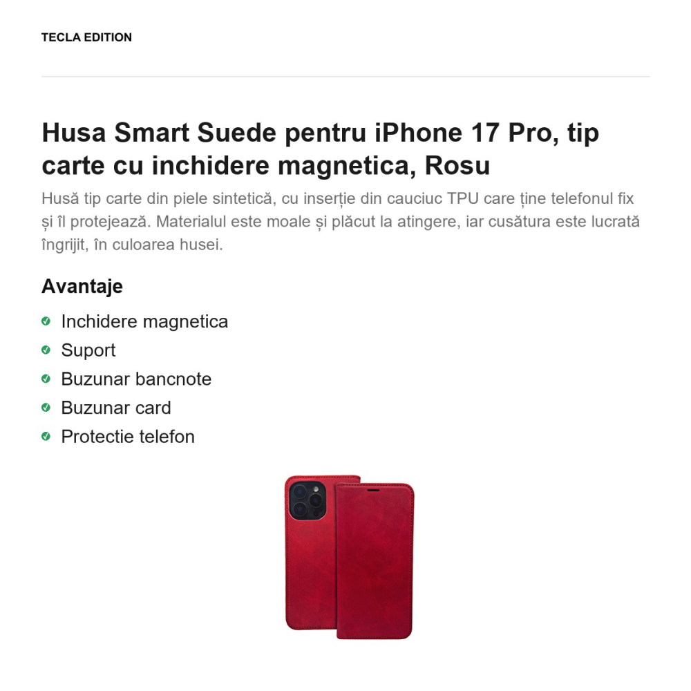 Husa Smart Suede pentru iPhone 17 Pro, tip carte cu inchidere magnetica, Rosu [2]