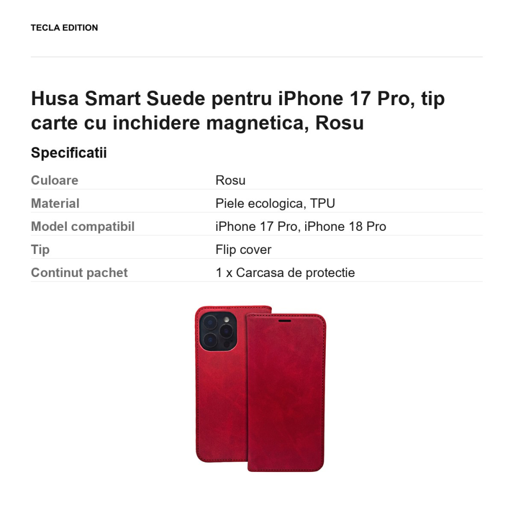 Husa Smart Suede pentru iPhone 17 Pro, tip carte cu inchidere magnetica, Rosu [3]