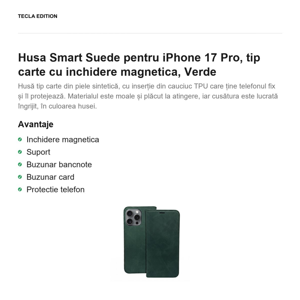 Husa Smart Suede pentru iPhone 17 Pro, tip carte cu inchidere magnetica, Verde [2]