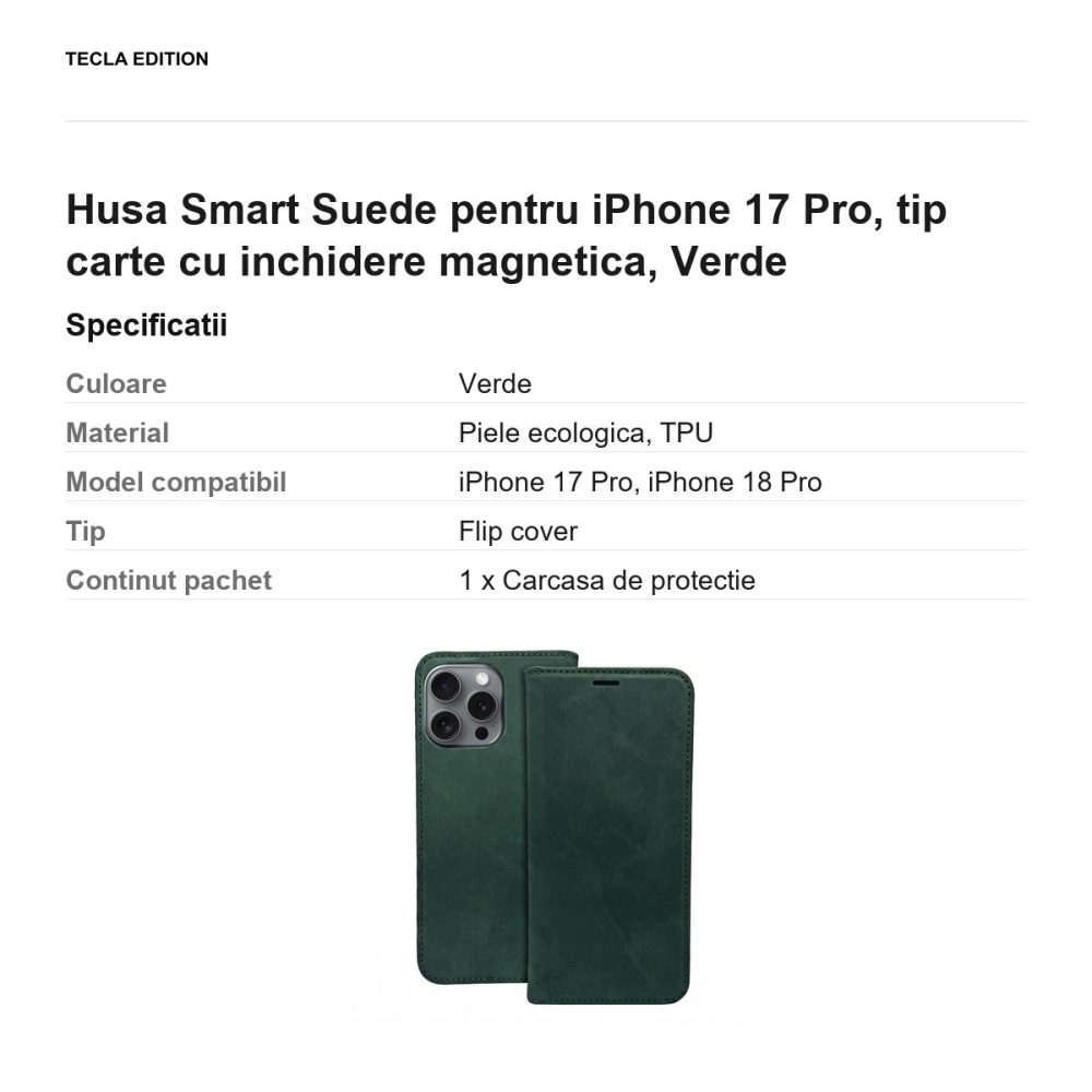 Husa Smart Suede pentru iPhone 17 Pro, tip carte cu inchidere magnetica, Verde [3]