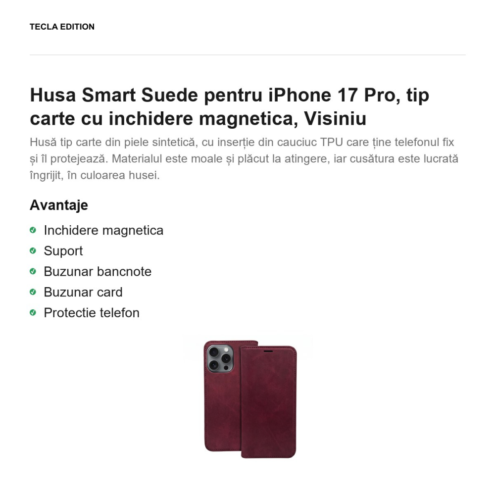 Husa Smart Suede pentru iPhone 17 Pro, tip carte cu inchidere magnetica, Visiniu [2]