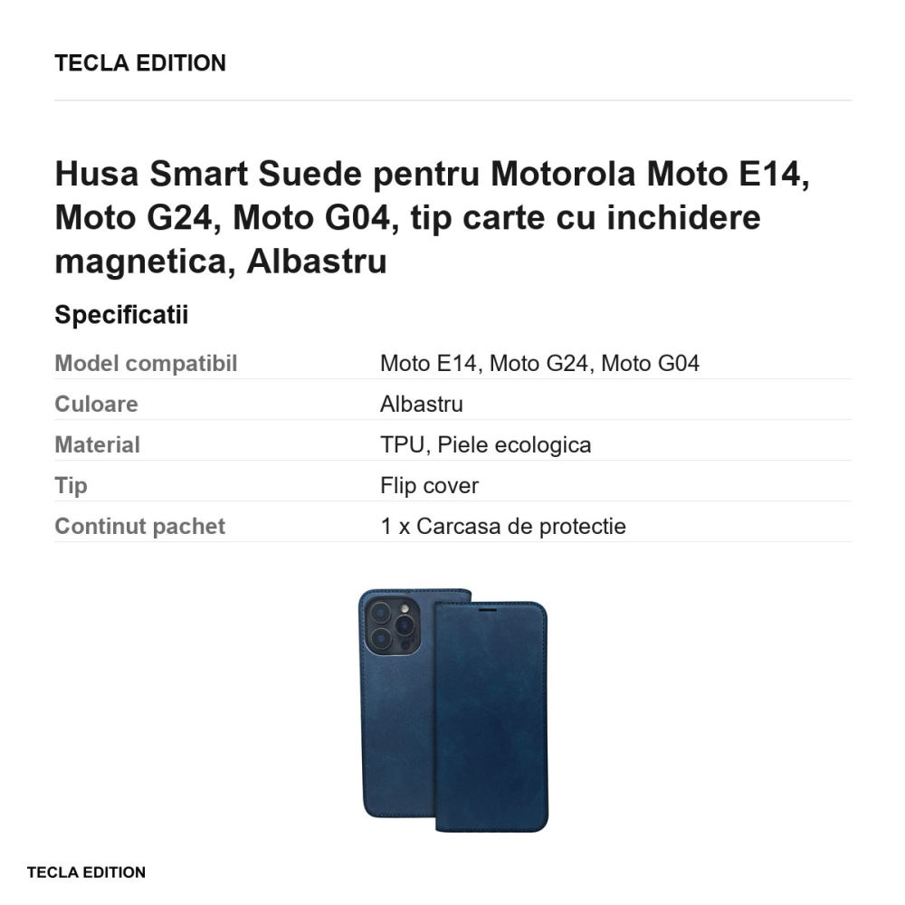 Husa Smart Suede pentru Motorola Moto E14, Moto G24, Moto G04, tip carte cu inchidere magnetica, Albastru [3]