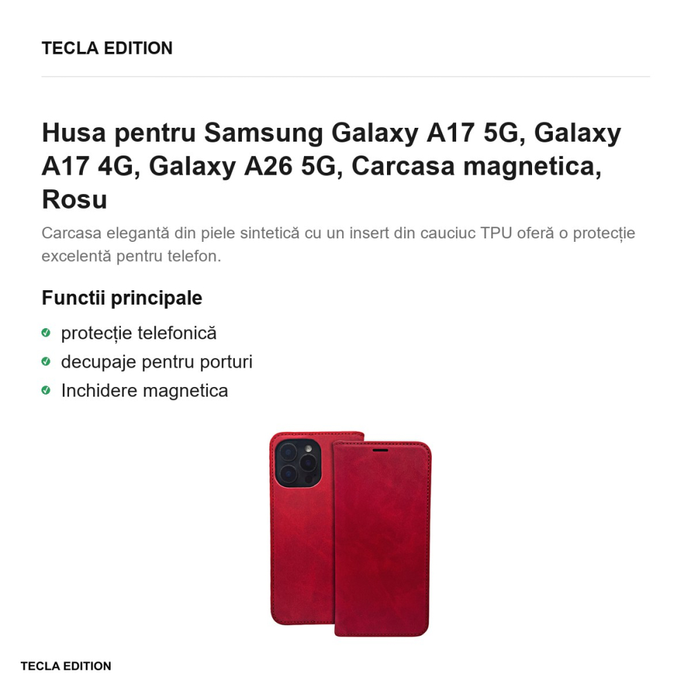 Husa Smart Suede pentru Samsung Galaxy A17 5G, Galaxy A17 4G, Galaxy A26 5G, tip carte cu inchidere magnetica, Rosu [2]