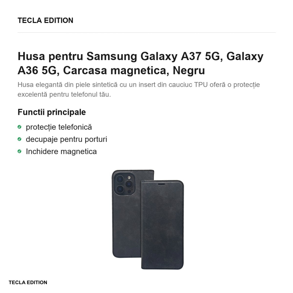 Husa Smart Suede pentru Samsung Galaxy A37 5G, Galaxy A36 5G, tip carte cu inchidere magnetica, Negru [2]