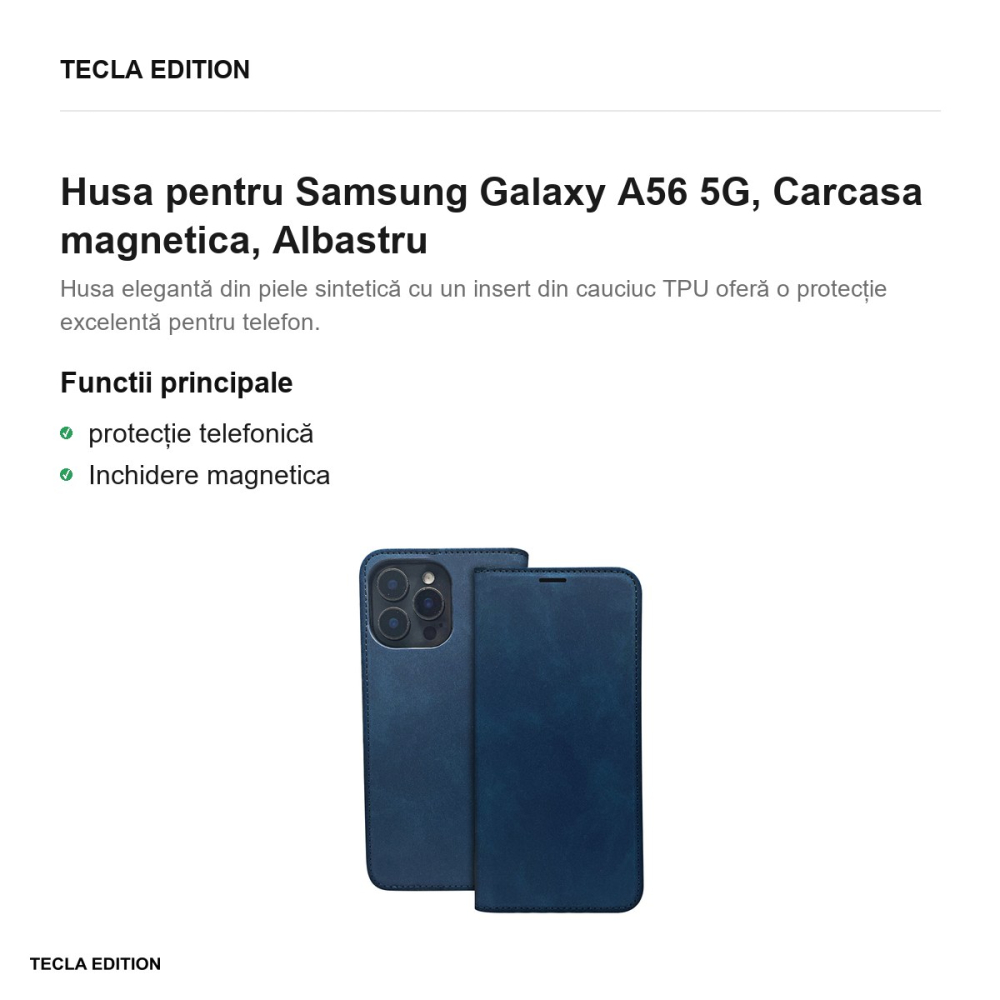 Husa Smart Suede pentru Samsung Galaxy A56 5G, tip carte cu inchidere magnetica, Albastru [2]