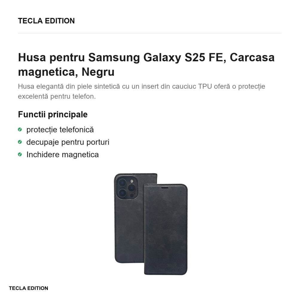 Husa Smart Suede pentru Samsung Galaxy S25 FE, tip carte cu inchidere magnetica, Negru [2]