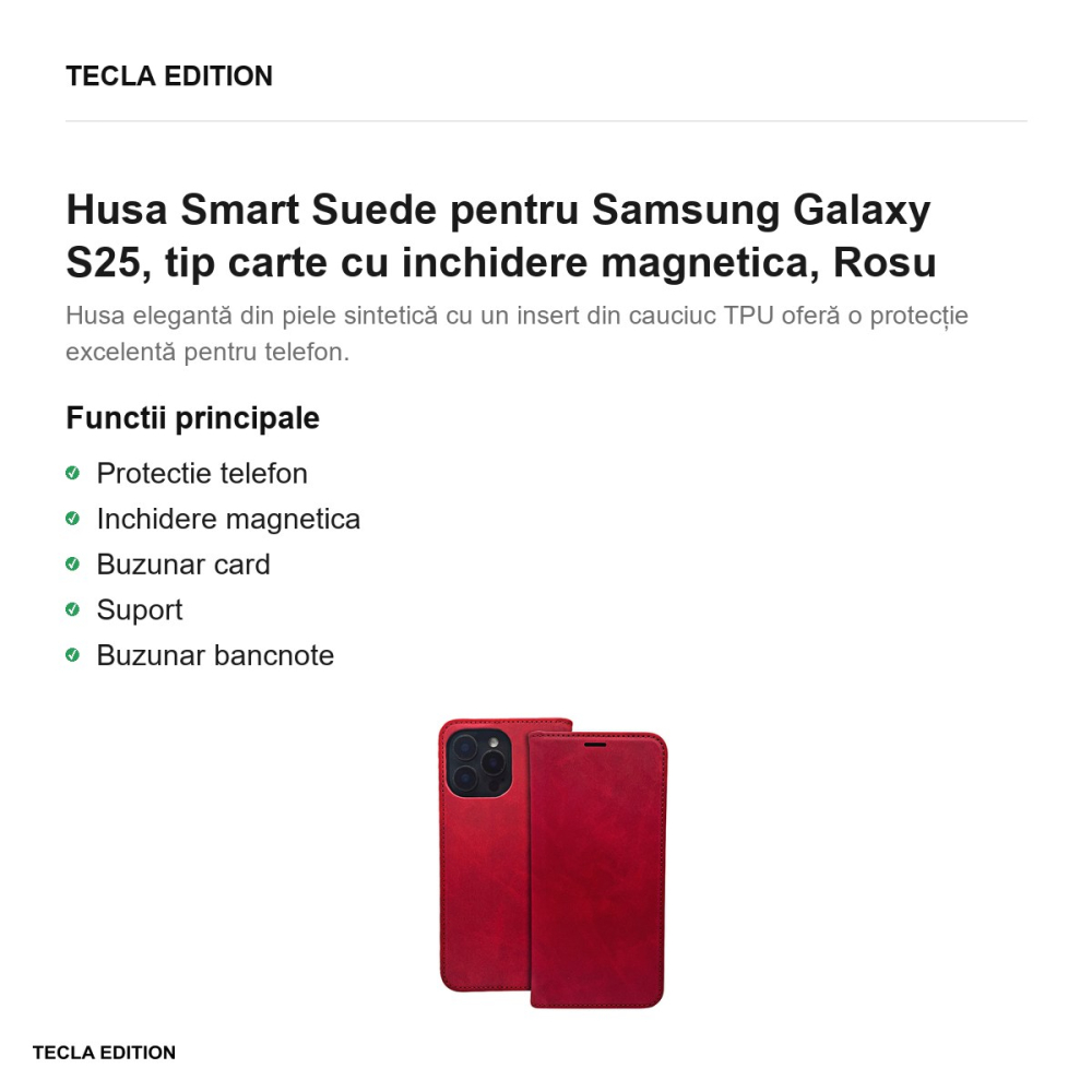 Husa Smart Suede pentru Samsung Galaxy S25, tip carte cu inchidere magnetica, Rosu [2]