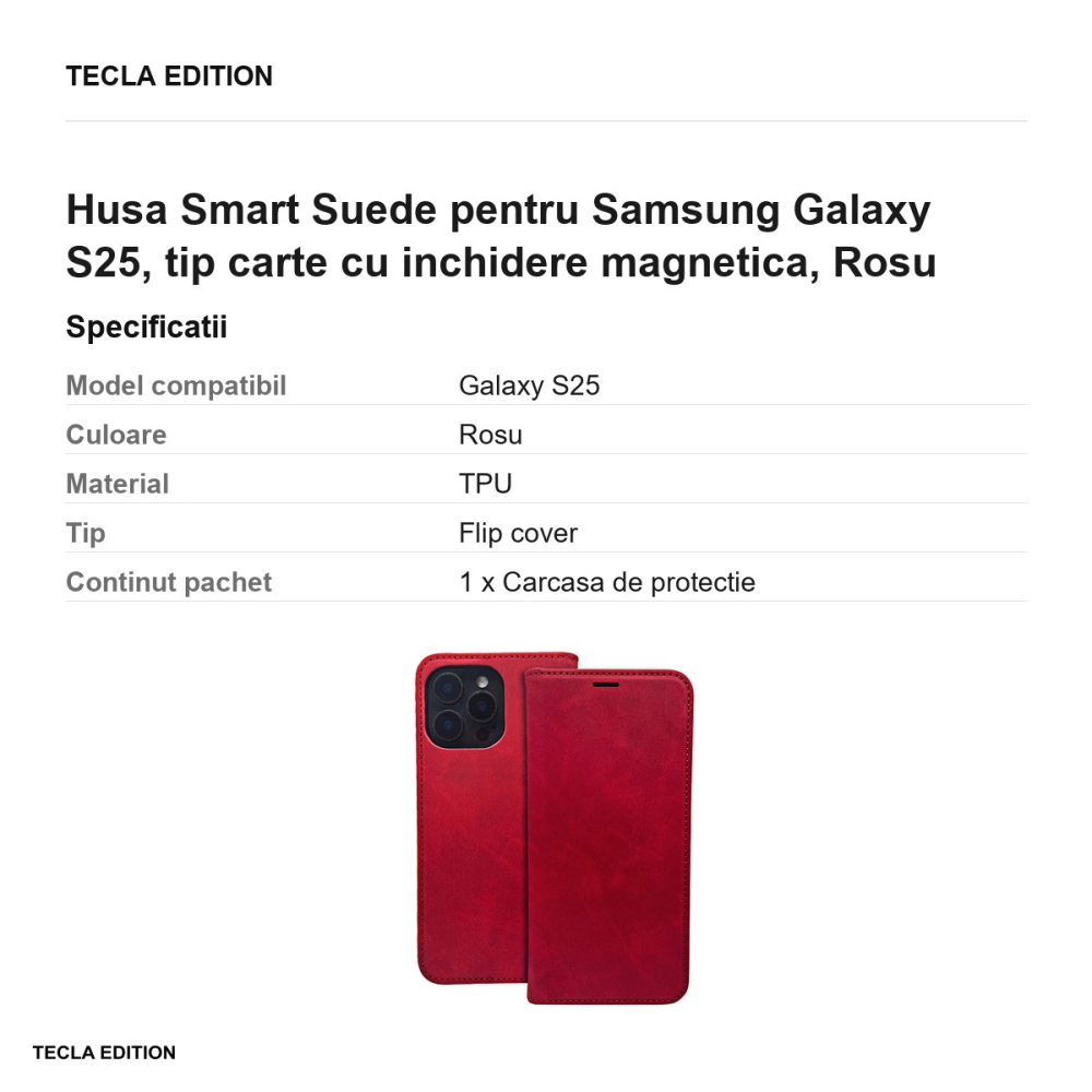Husa Smart Suede pentru Samsung Galaxy S25, tip carte cu inchidere magnetica, Rosu [3]