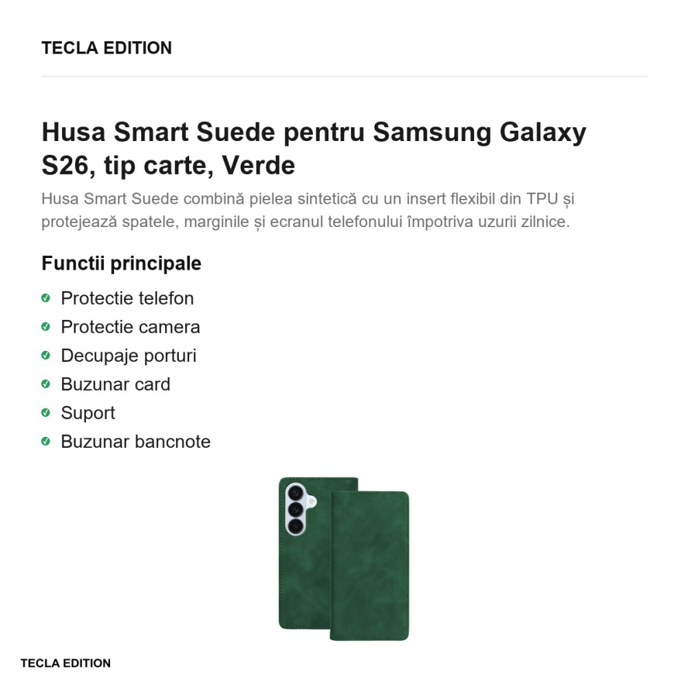Husa Smart Suede pentru Samsung Galaxy S26, tip carte, Verde [2]