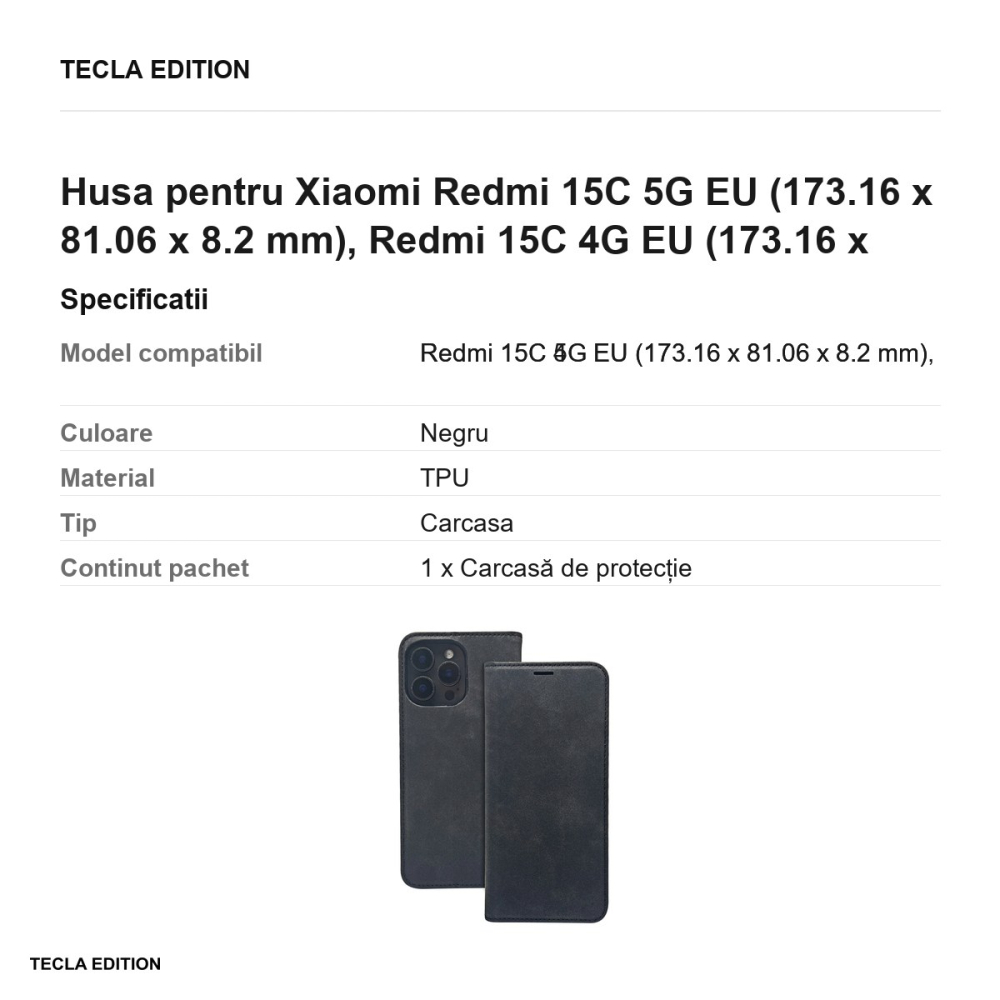 Husa Smart Suede pentru Xiaomi Redmi 15C 5G EU, Redmi 15C 4G EU, tip carte cu inchidere magnetica, Negru [3]