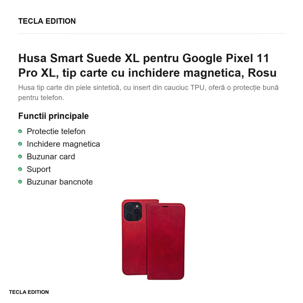 Husa Smart Suede XL pentru Google Pixel 11 Pro XL, tip carte cu inchidere magnetica, Rosu [2]