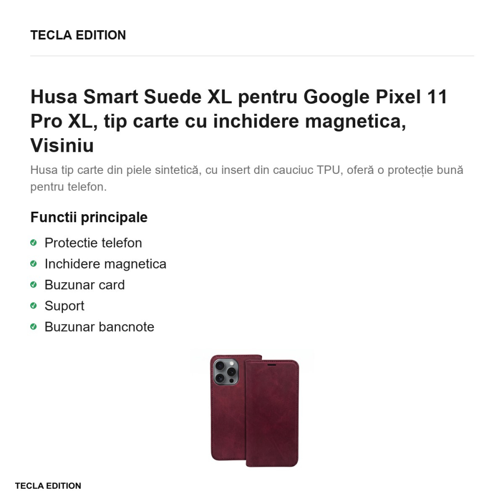 Husa Smart Suede XL pentru Google Pixel 11 Pro XL, tip carte cu inchidere magnetica, Visiniu [2]