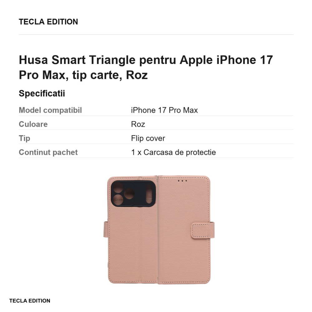 Husa Smart Triangle pentru Apple iPhone 17 Pro Max, tip carte, Roz [3]