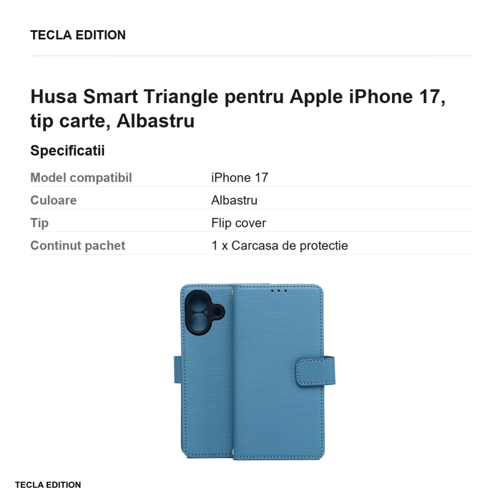 Husa Smart Triangle pentru Apple iPhone 17, tip carte, Albastru [3]