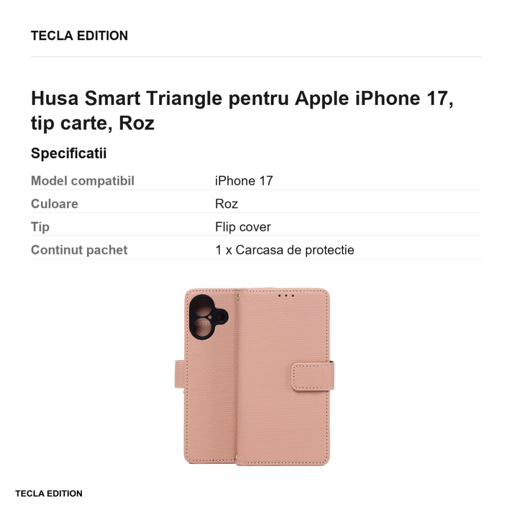 Husa Smart Triangle pentru Apple iPhone 17, tip carte, Roz [3]