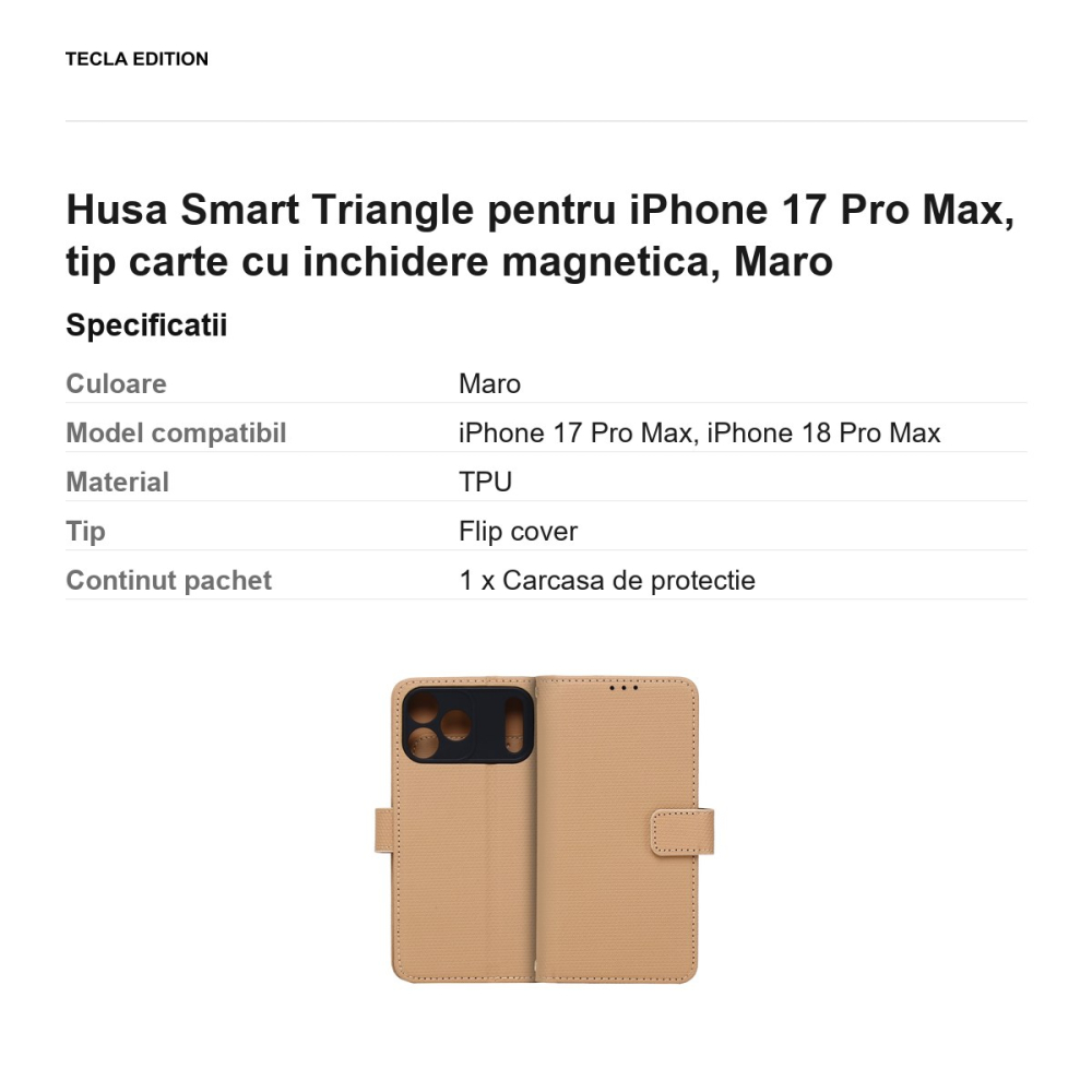 Husa Smart Triangle pentru iPhone 17 Pro Max, tip carte cu inchidere magnetica, Maro [3]