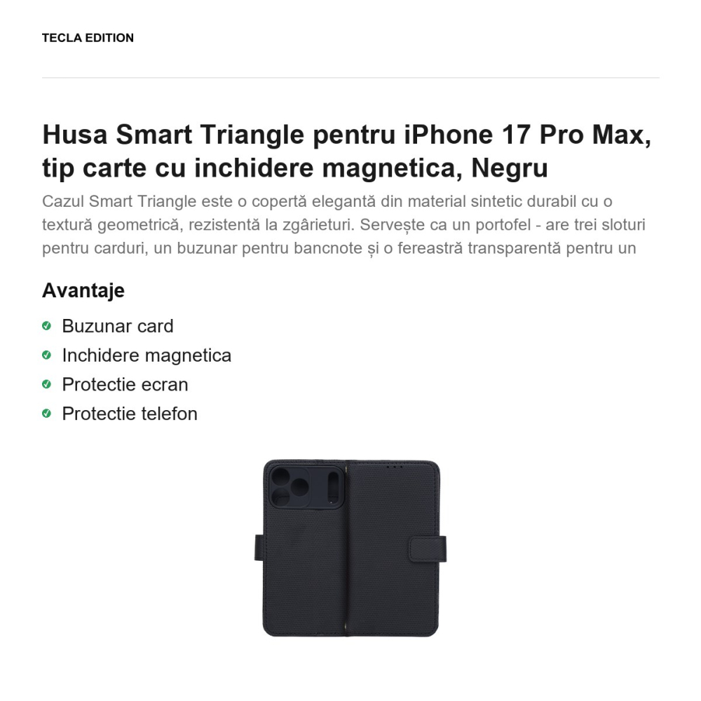 Husa Smart Triangle pentru iPhone 17 Pro Max, tip carte cu inchidere magnetica, Negru [2]