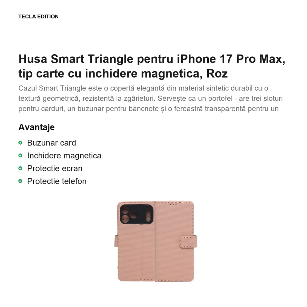Husa Smart Triangle pentru iPhone 17 Pro Max, tip carte cu inchidere magnetica, Roz [2]