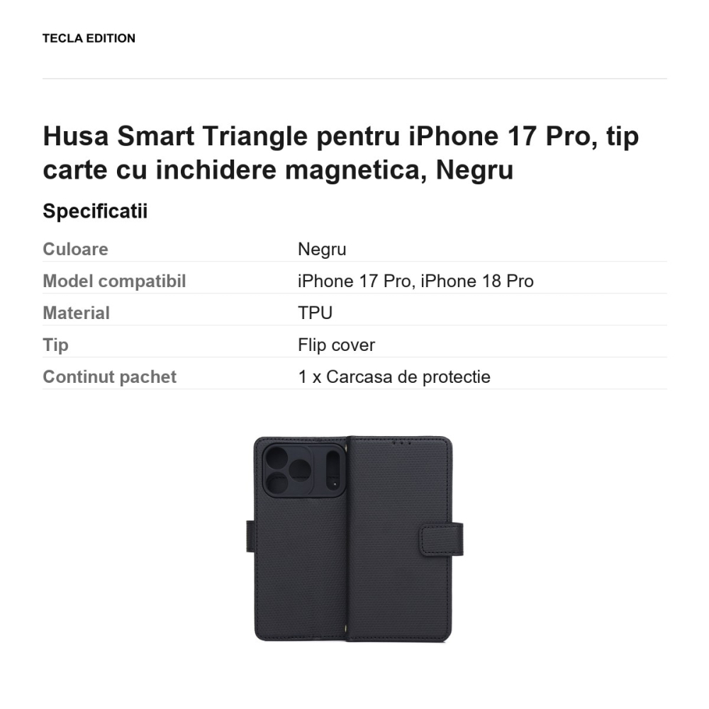 Husa Smart Triangle pentru iPhone 17 Pro, tip carte cu inchidere magnetica, Negru [3]