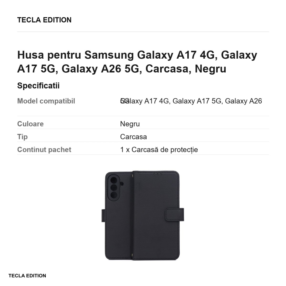 Husa Smart Triangle pentru Samsung Galaxy A17 4G, Galaxy A17 5G, Galaxy A26 5G, tip carte, Negru [3]
