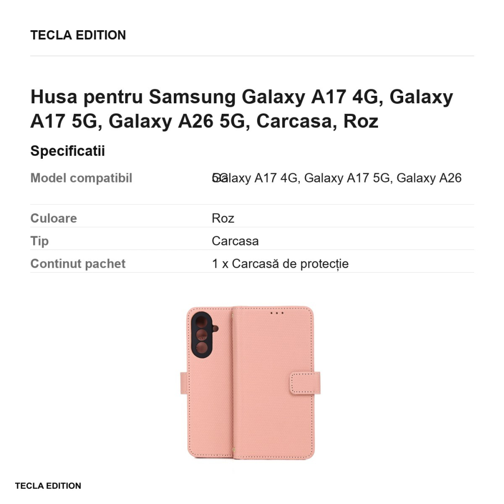 Husa Smart Triangle pentru Samsung Galaxy A17 4G, Galaxy A17 5G, Galaxy A26 5G, tip carte, Roz [3]
