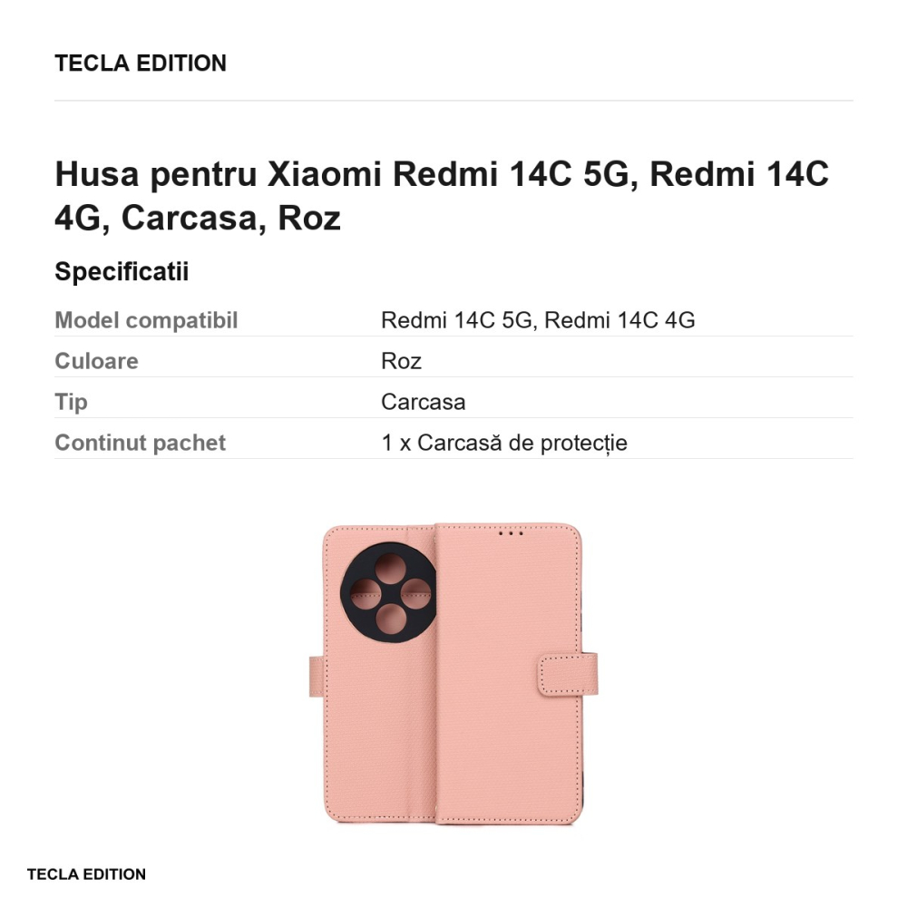 Husa Smart Triangle pentru Xiaomi Redmi 14C 5G, Redmi 14C 4G, tip carte, Roz [3]