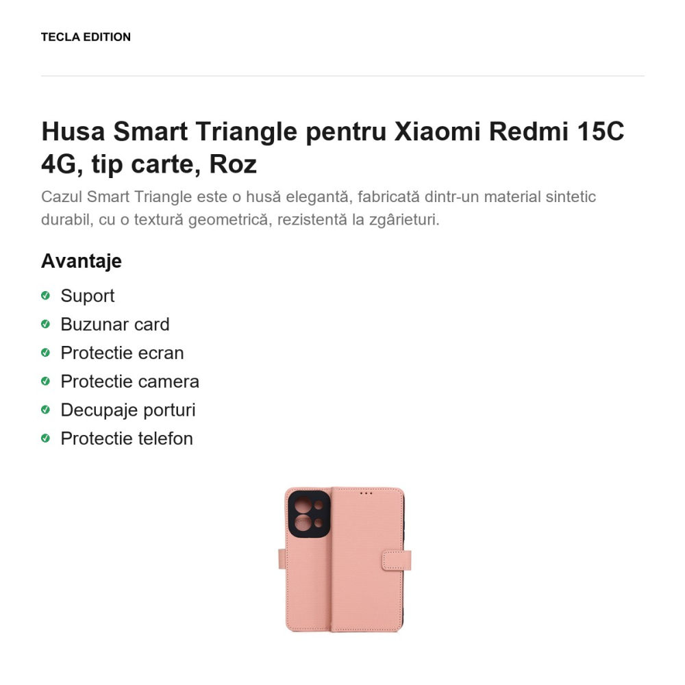 Husa Smart Triangle pentru Xiaomi Redmi 15C 4G, tip carte, Roz [2]