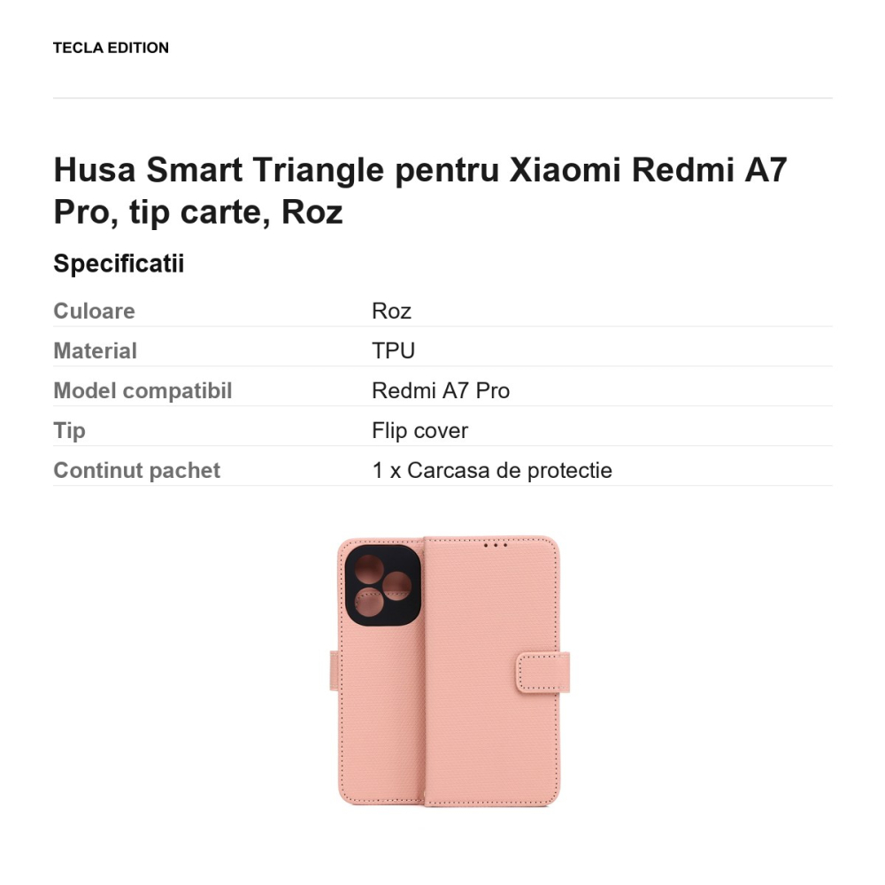 Husa Smart Triangle pentru Xiaomi Redmi A7 Pro, tip carte, Roz [3]