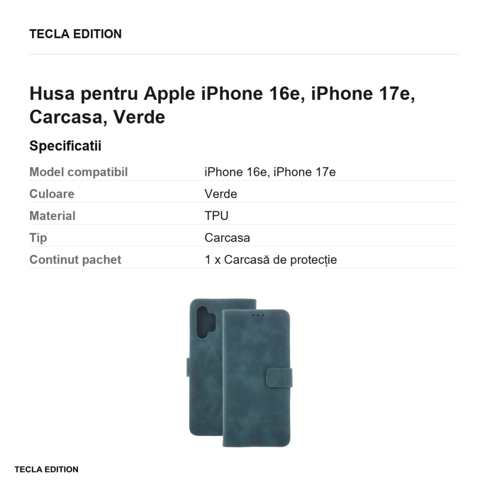 Husa Smart Velvet pentru Apple iPhone 16e, iPhone 17e, tip carte, Verde [3]