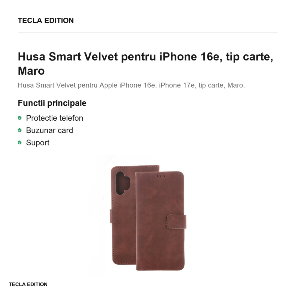 Husa Smart Velvet pentru iPhone 16e, tip carte, Maro [2]