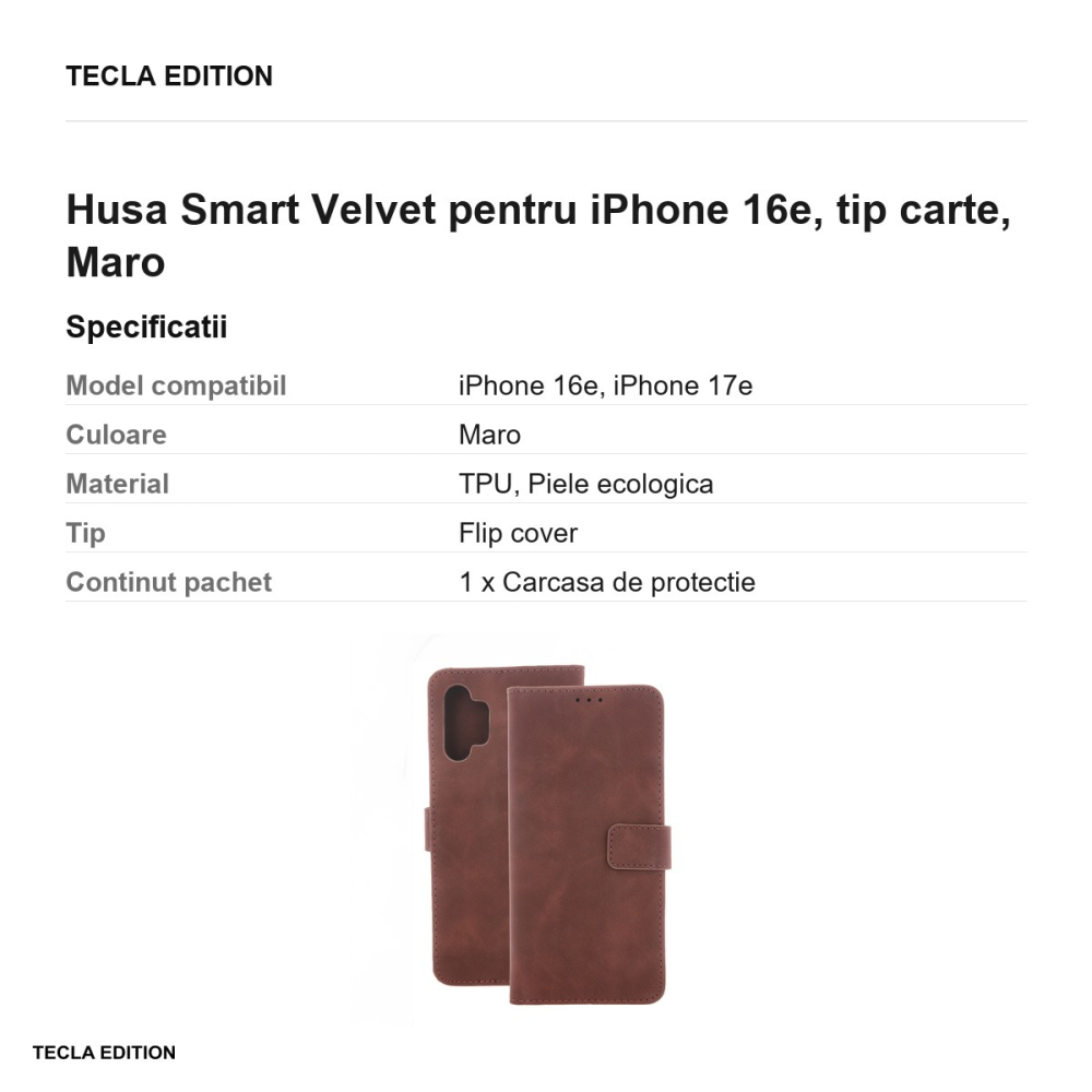 Husa Smart Velvet pentru iPhone 16e, tip carte, Maro [3]