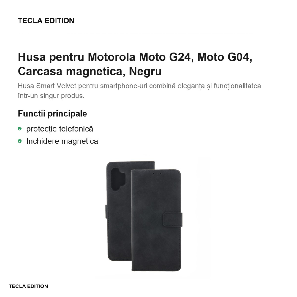 Husa Smart Velvet pentru Motorola Moto G24, Moto G04, tip carte cu inchidere magnetica, Negru [2]