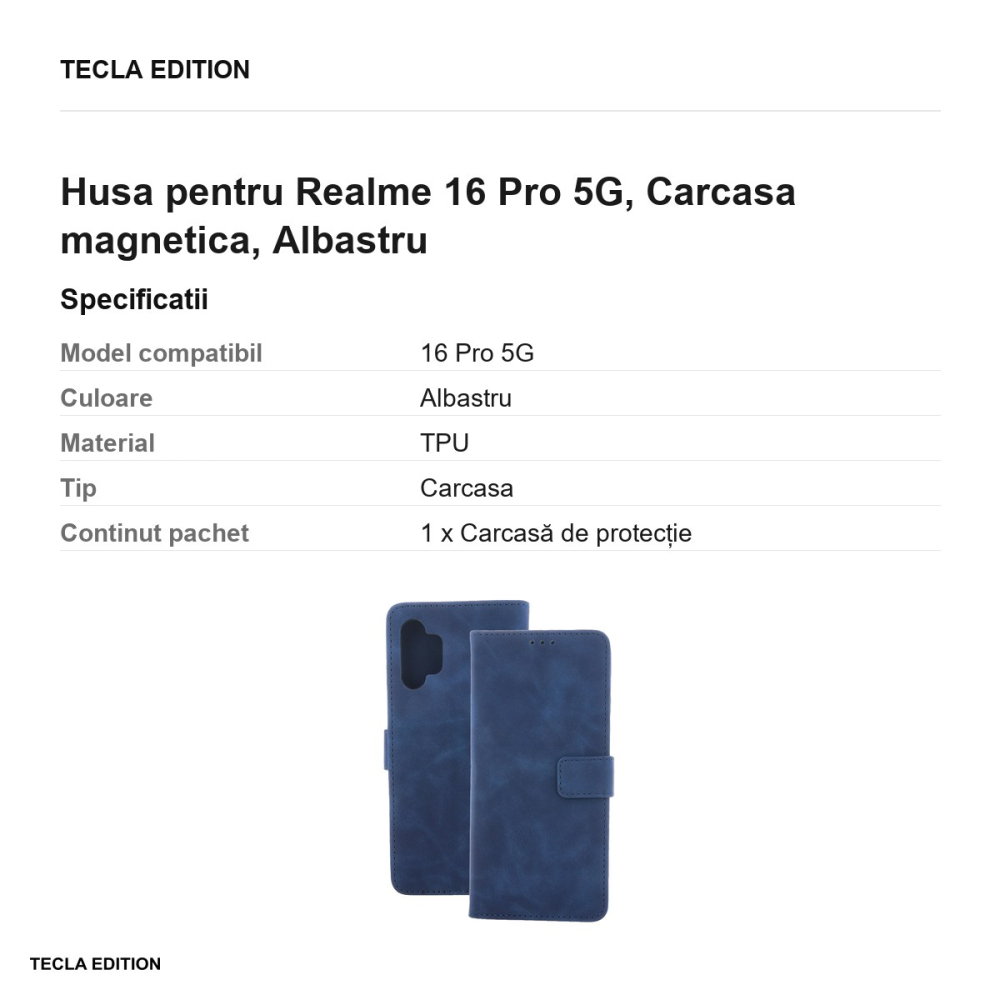 Husa Smart Velvet pentru Realme 16 Pro 5G, tip carte cu inchidere magnetica, Albastru [3]