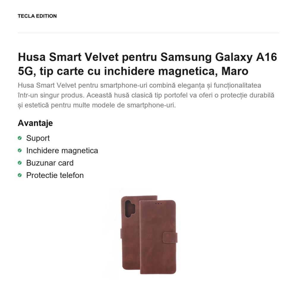 Husa Smart Velvet pentru Samsung Galaxy A16 5G, tip carte cu inchidere magnetica, Maro [2]