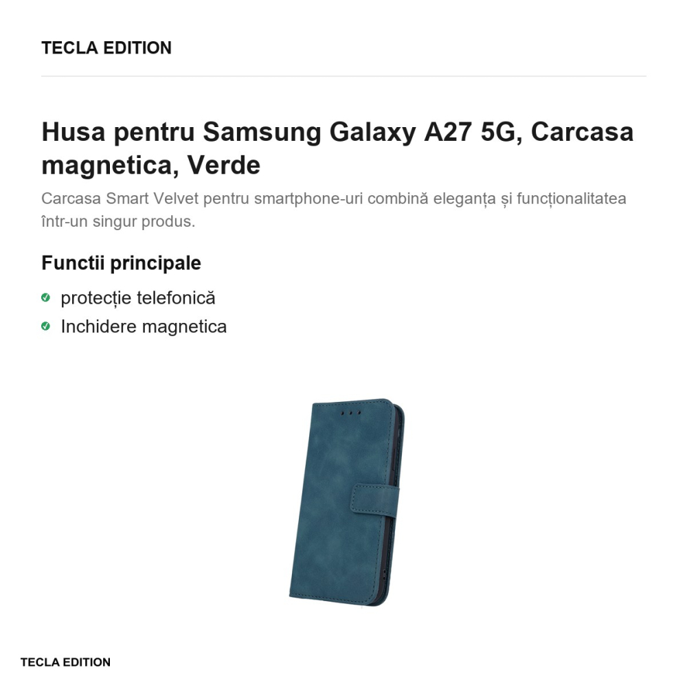 Husa Smart Velvet pentru Samsung Galaxy A27 5G, tip carte cu inchidere magnetica, Verde [2]