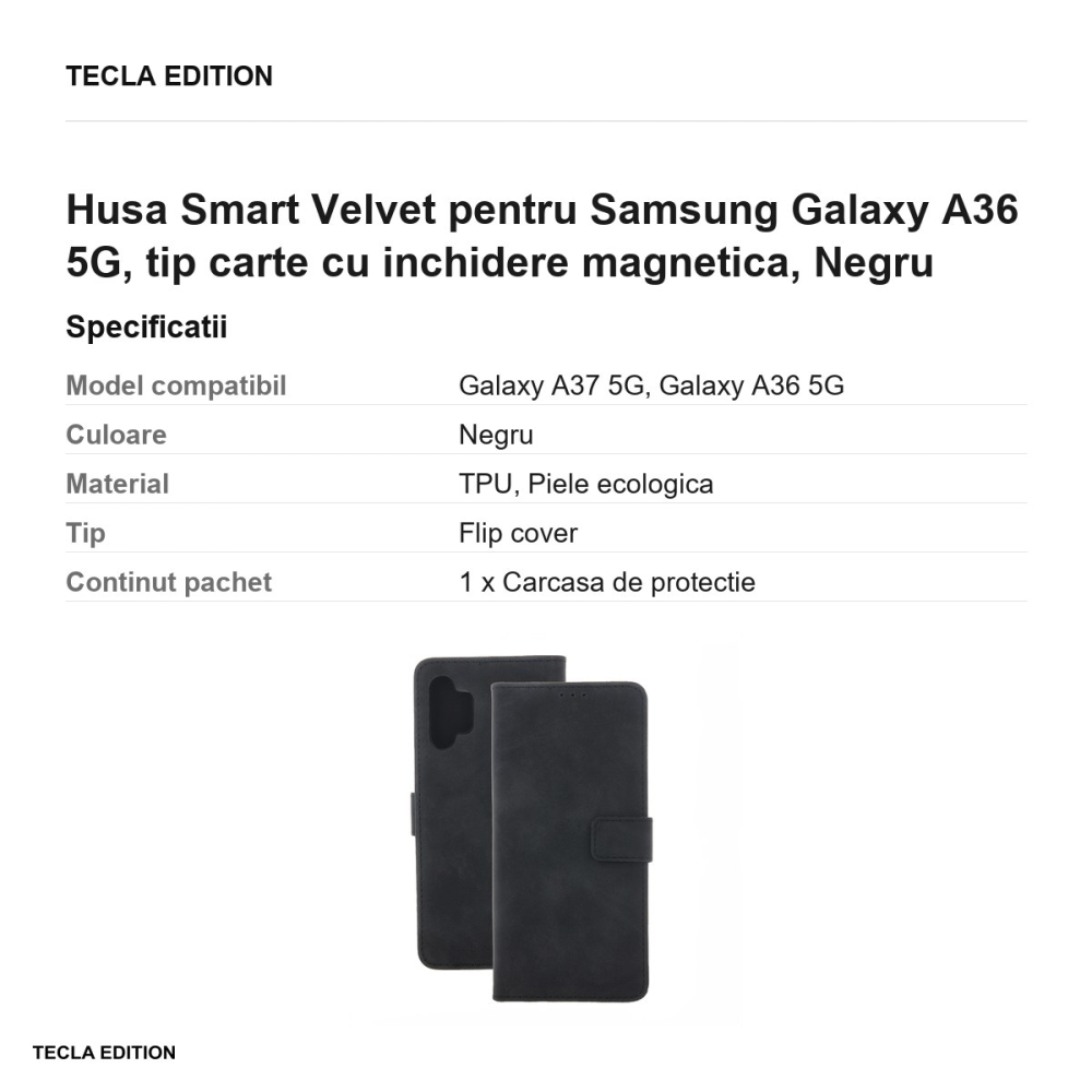 Husa Smart Velvet pentru Samsung Galaxy A36 5G, tip carte cu inchidere magnetica, Negru [3]