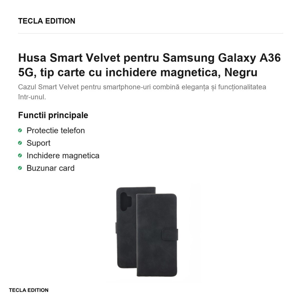 Husa Smart Velvet pentru Samsung Galaxy A36 5G, tip carte cu inchidere magnetica, Negru [2]